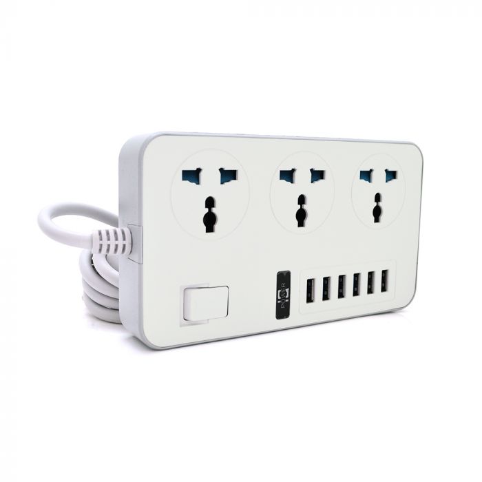 
					Мережевий фільтр ТВ-Т09, 3 розетки + 6 USB, 2 м, перетин 3х0,75мм, 3000W, White-grey, Box