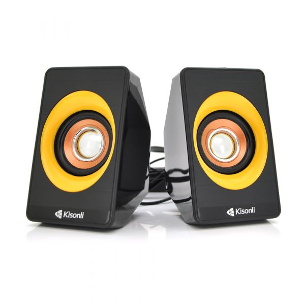 
					Колонки 2.0 Kisonli A-303 для ПК і ноутбука, USB + 3.5mm, 2x3W, 20Hz- 20KHz, black + yellow, BOX, Q50