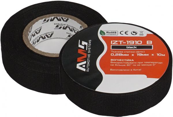 
					Ізолента тканинна AMS IZT-1910 B (фліс) 0,28 х19мм; 20м чорна ПВХ (0+80 ℃) ціна за 1шт