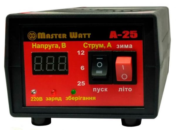 
					Автоматичне ЗУ для акумулятора MW-AZU12-25A 12V (30-300Ah) (MF,WET,AGM,GEL,CA/CA), 160-240V, Мах струм заряду 25А, напруга заряду 14,7;15,4V