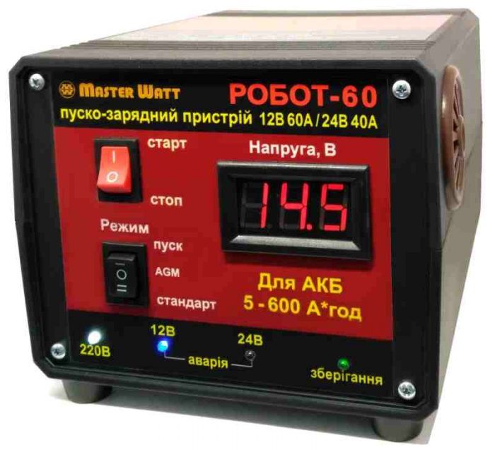 
					Пуско-зарядне ЗУ РОБОТ-60 для акумуляторів 12/24V (5-600Ah) (MF, WET, AGM, GEL, CA/CA), 160-245V, Струм заряду 40А, крокодили в комплекті