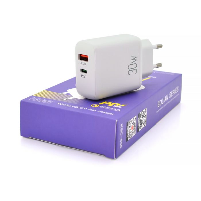 
					СЗУ AC100-240V iKAKU KSC-668 BOLIAN PD30W+QC3.0 Dual Port charger, White, Box