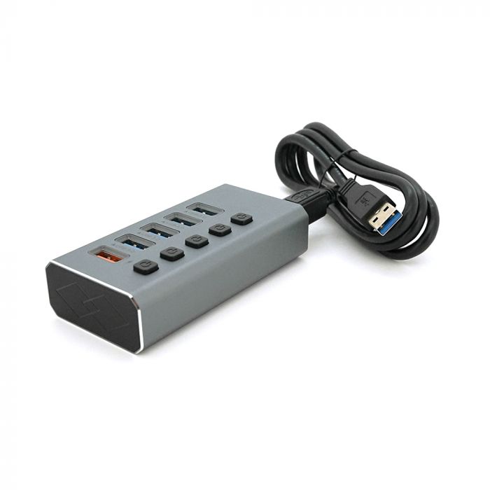 
					Хаб USB 3.0, 4 порти USB 3.0 + 1 порт QC3.0, з перемикачами на кожен порт, DC5V3A, Black, BOX
