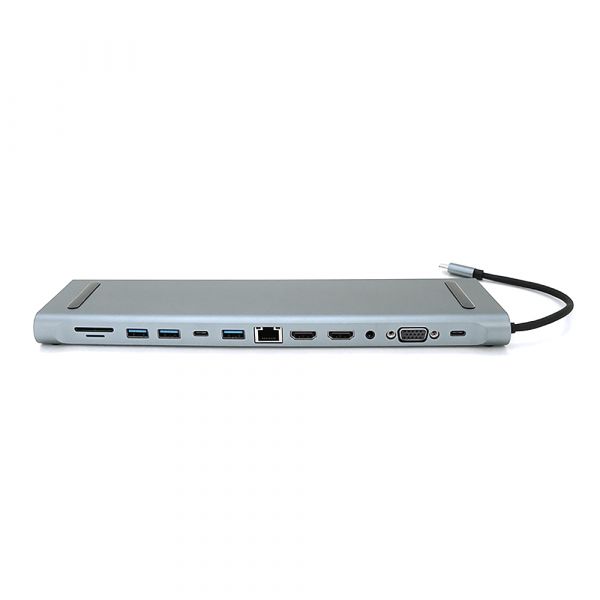 
					Хаб-конвертор 12 в 1 Type-C (тато) на Type-C(мама)+2*USB2.0(мама)+USB3.0(мама)+2*HDMI(мама)+VGA(мама)+SD/TF+RJ45+ jack3.5 (мама)+PD, 10cm, Silver, Box