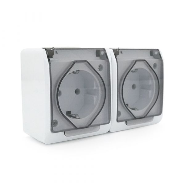 
					Розетка подвійна без заземлення зовнішнього монтажу з кришкою YT164, біла, IP44, Q5