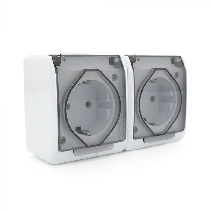 
					Розетка подвійна без заземлення зовнішнього монтажу з кришкою YT164, біла, IP44, Q5