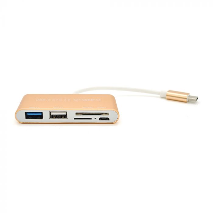 
					Хаб Type-C алюмінієвий, 1 порт USB 3.0 + 1 порт USB 2.0 + Card Reader, 20 см, Gold, Box