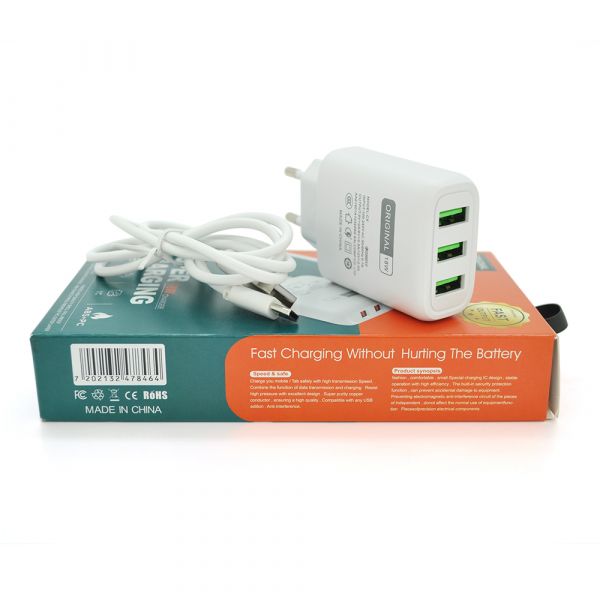 
					Набір 2 в 1 СЗУ With Type-C Cable 110-240V CX-10, 3xUSB, 2.0A, White, Blister-box