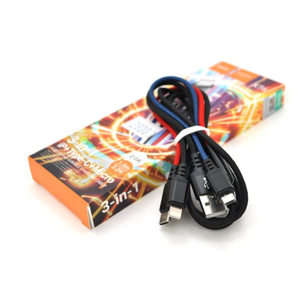 
					Кабель HOCO X76 USB-1 3 in 1 Micro/Iphone/Type-C, 2A, довжина 1м, Mix color, Box
