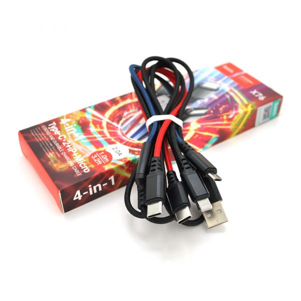 
					Кабель HOCO X76 USB-1 4 in 1 Micro/Iphone/2*Type-C, 2A, довжина 1м, Mix color, Box