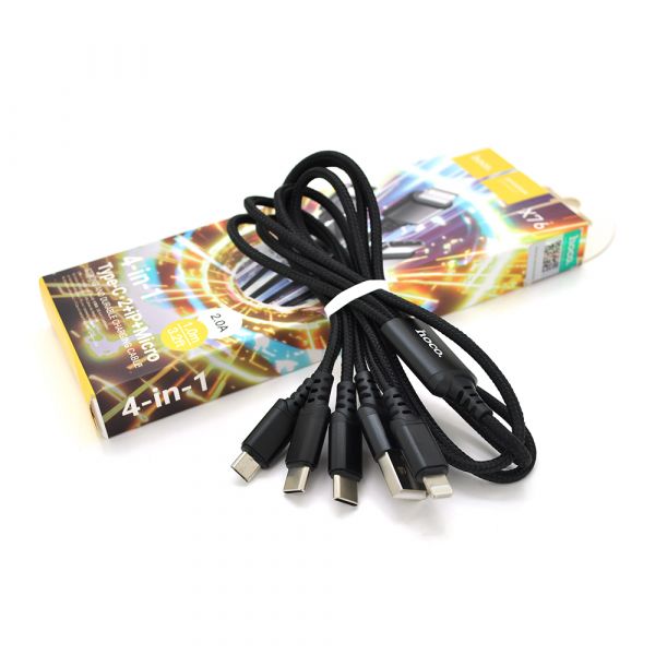 
					Кабель HOCO X76 USB-1 4 in 1 Micro/Iphone/2*Type-C, 2A, довжина 1м, Black, Box