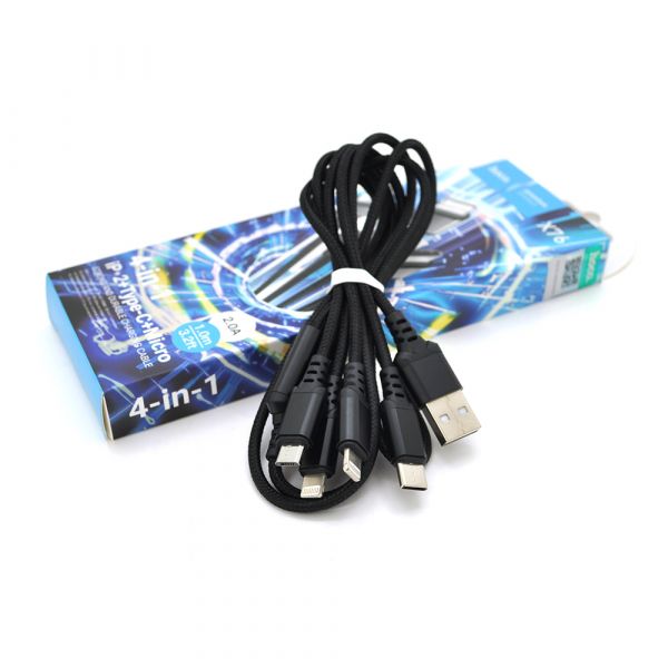 
					Кабель HOCO X76 USB-1 4 in 1 Micro/2*Iphone/Type-C, 2A, довжина 1м, Black, Box