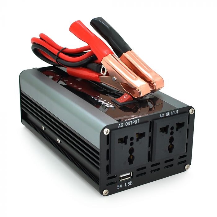 
					Інвертор напруги AEV2200W, 12/220V з апроксимованою синусоїдою, 2 універсальні розетки, 2*USB (DC:5V/2.4A), крокодили + прикурювач
