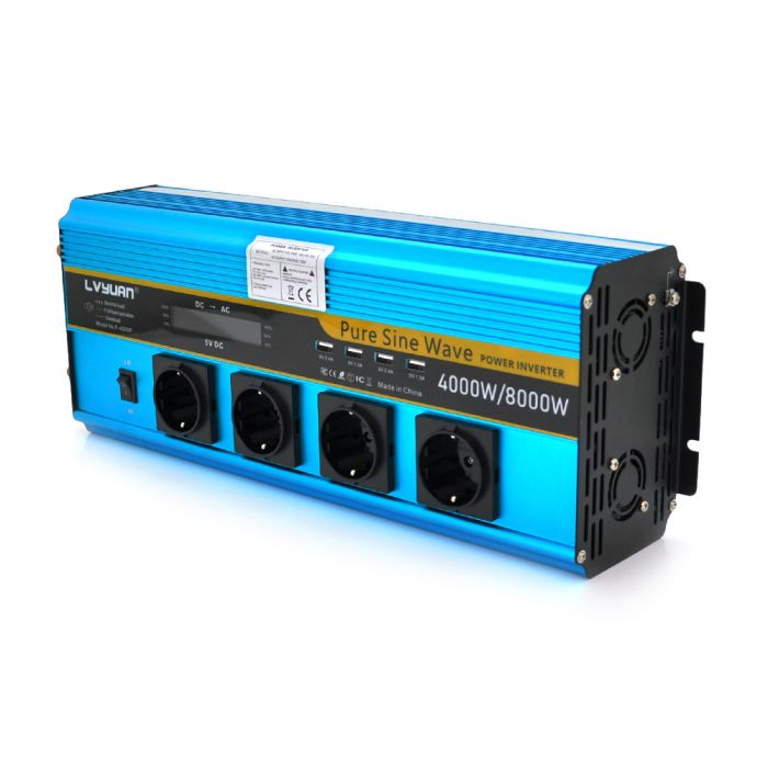 
					Інвертор напруги LY8000W (DC:4000W), 12/230V з правильною синусоїдою, 4 універсальні розетки, 4*USB (DC:5V/2A), клеми+ дроти, BOX