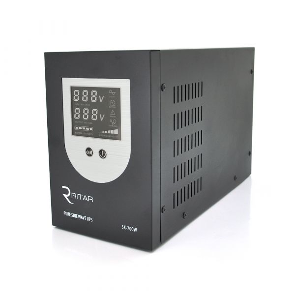 
					ДБЖ з правильною синусоїдою Ritar SK-1000VA (700W), DC: 145-275V, AC: 230V, LCD-дисплей, 2Shuko socket, 12V,  під зовнішню батарею, струм заряду 10/15A, Q2