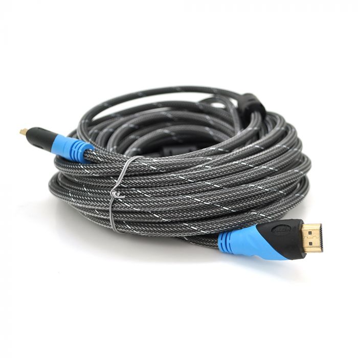
					Кабель Merlion HDMI-HDMI 10m, v1.4, OD-7.4mm, 2 фільтри, обплетення, круглий Silver, конектор Black/Blue, (Пакет) Q50