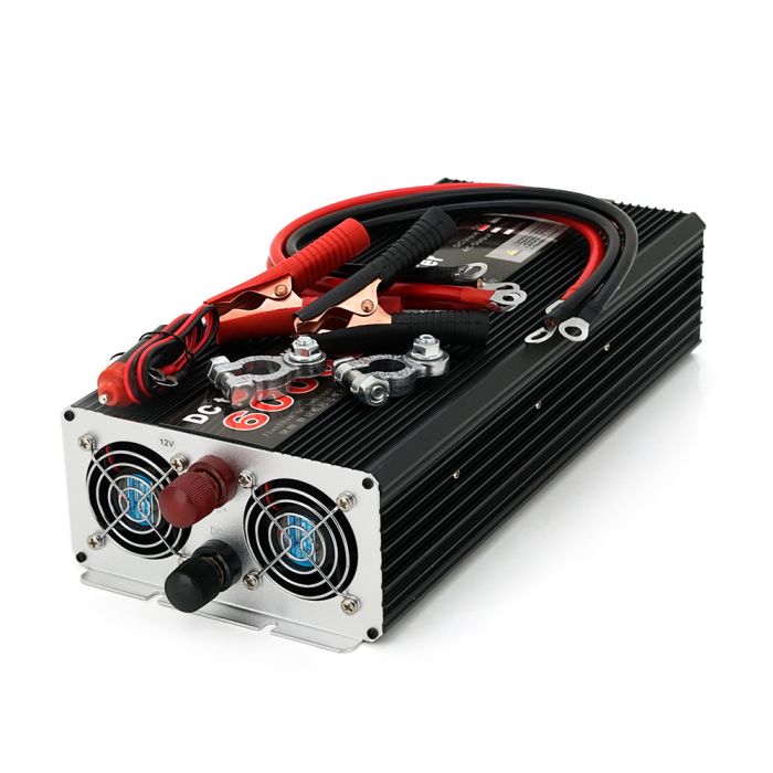 
					Інвертор напруги YOSO з правильною синусоїдою, 6000W, 12/220V-3000W, 2 універсальні розетки, LED Display, затискачі, клемні дроти, Q6