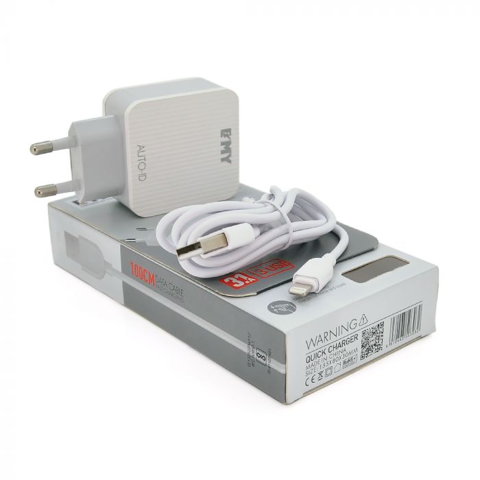 
					Набір 2 в 1 СЗУ With Iphone Usb Cable 110-240V MY-A303, 3 x USB, 5V/15W, Output: 5V / 3.1A, White, Blister- box, Q25