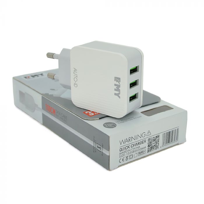 
					Набір 2 в 1 СЗУ With Iphone Usb Cable 110-240V MY-A303, 3 x USB, 5V/15W, Output: 5V / 3.1A, White, Blister- box, Q25