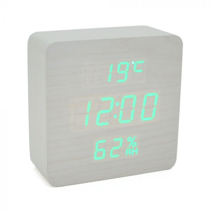 
					Електронний годинник VST-872S Wooden (White), з датчиком температури та вологості, будильник, живлення від кабелю USB, Green Light