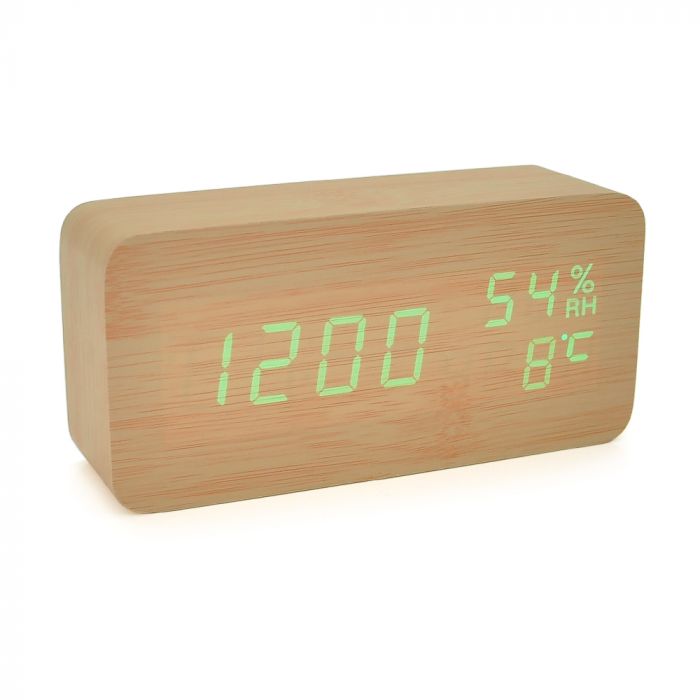 
					Електронний годинник VST-862S Wooden (Yellow), з датчиком температури та вологості, будильник, живлення від кабелю USB, Green Light