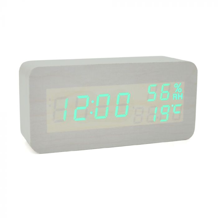 
					Електронний годинник VST-862S Wooden (White), з датчиком температури та вологості, будильник, живлення від кабелю USB, Green Light