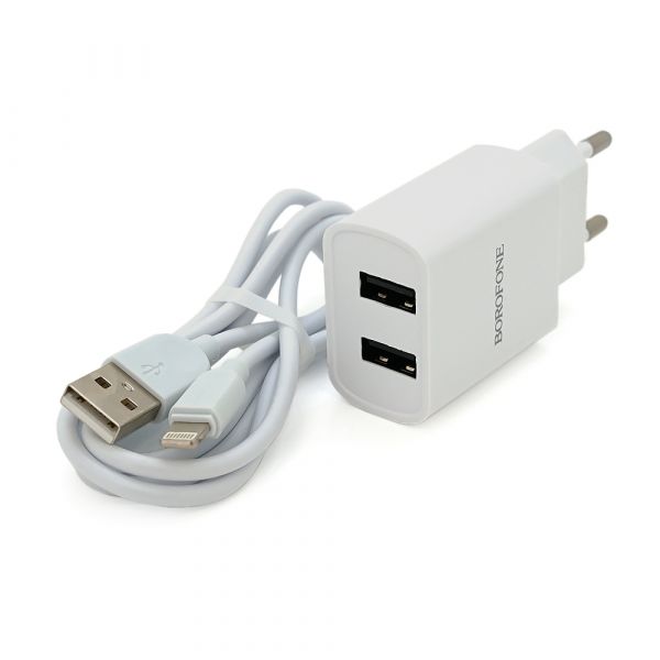 
					Набір BOROFONE BA53A СЗУ 1xUSB+ кабель iPhone, 2.1A, 1м, White, Blister-box