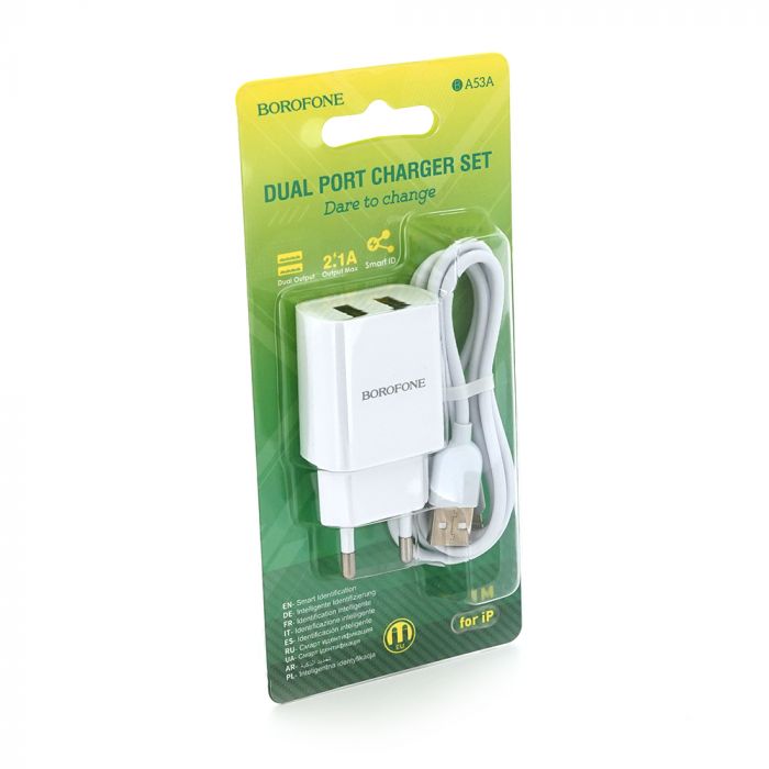 
					Набір BOROFONE BA53A СЗУ 1xUSB+ кабель iPhone, 2.1A, 1м, White, Blister-box