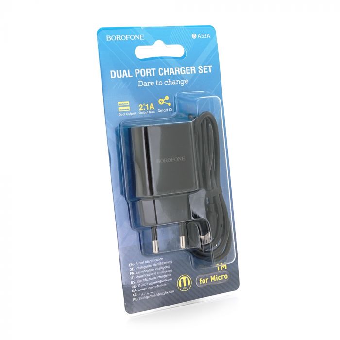 
					Набір BOROFONE BA53A СЗУ 1xUSB+ кабель Micro, 2.1A, 1м, Black, Blister-box