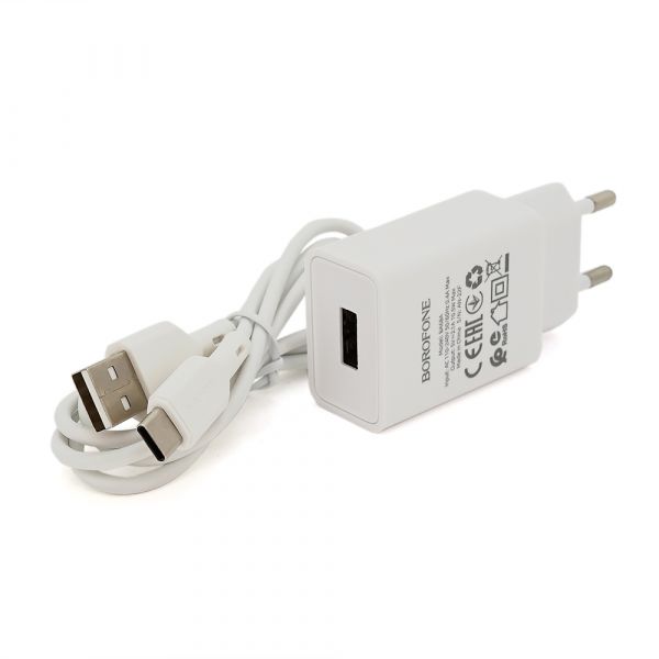 
					Набір BOROFONE BA68A СЗУ 1xUSB+ кабель Type-C, 2.1A, 1м, White, Blister-box