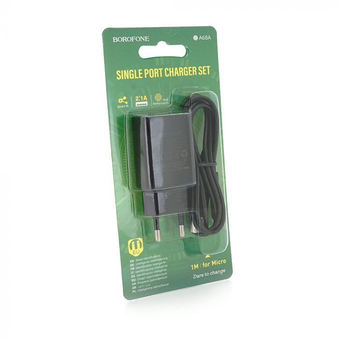 
					Набір BOROFONE BA68A СЗУ 1xUSB+ кабель Micro, 2.1A, 1м, Black, Blister-box