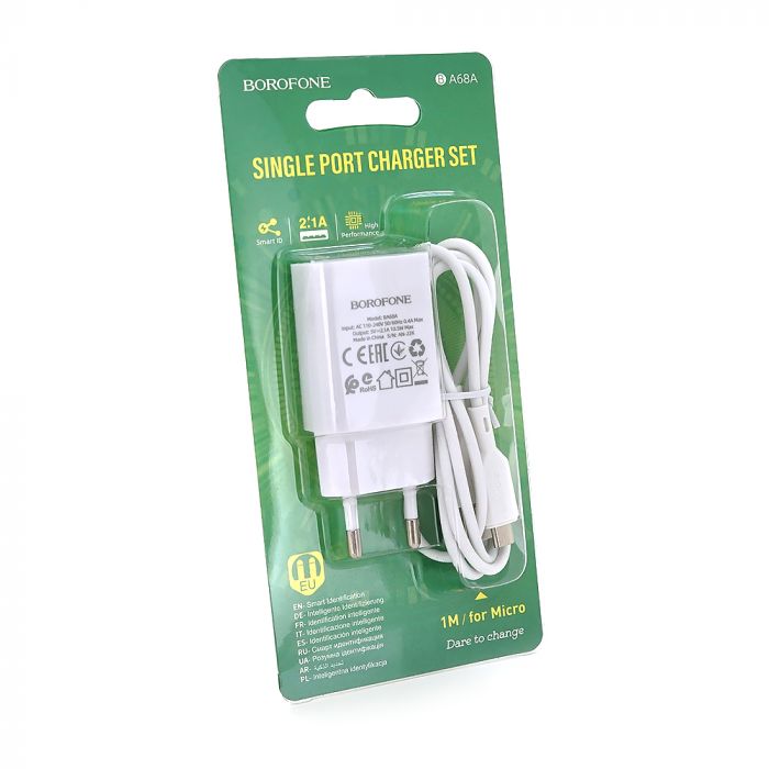
					Набір BOROFONE BA68A СЗУ 1xUSB+ кабель Micro, 2.1A, 1м, White, Blister-box