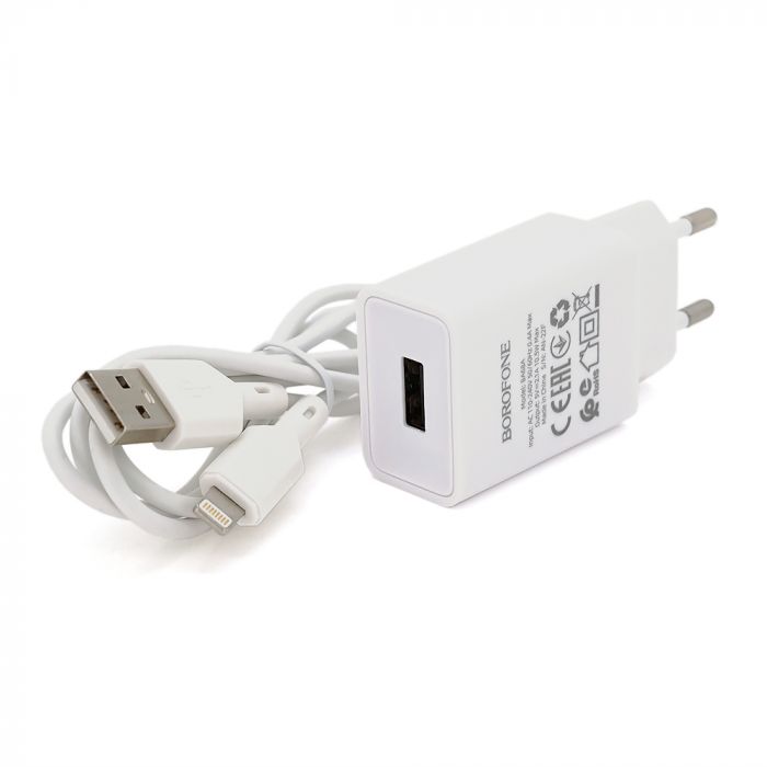 
					Набір BOROFONE BA68A СЗУ 1xUSB+ кабель iPhone, 2.1A, 1м, White, Blister-box