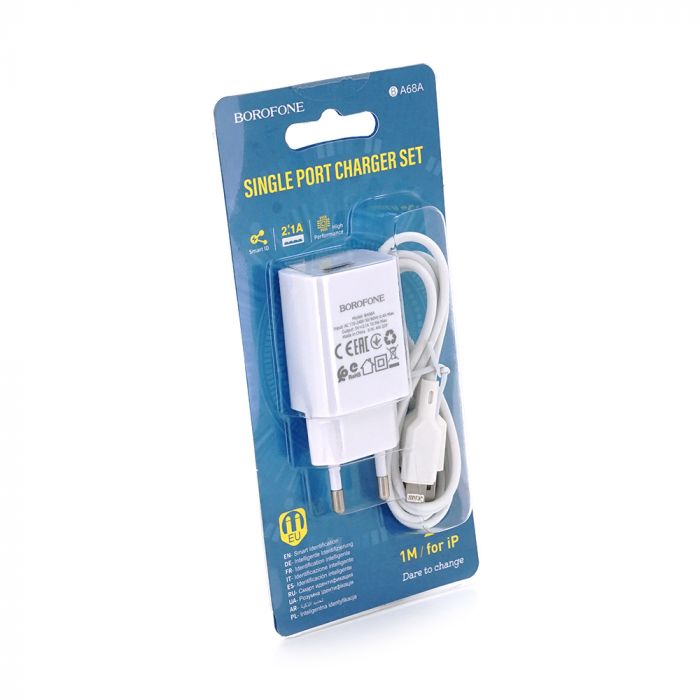
					Набір BOROFONE BA68A СЗУ 1xUSB+ кабель iPhone, 2.1A, 1м, White, Blister-box