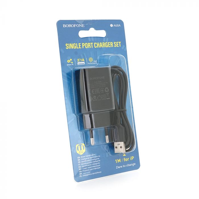 
					Набір BOROFONE BA68A СЗУ 1xUSB+ кабель iPhone, 2.1A, 1м, Black, Blister-box