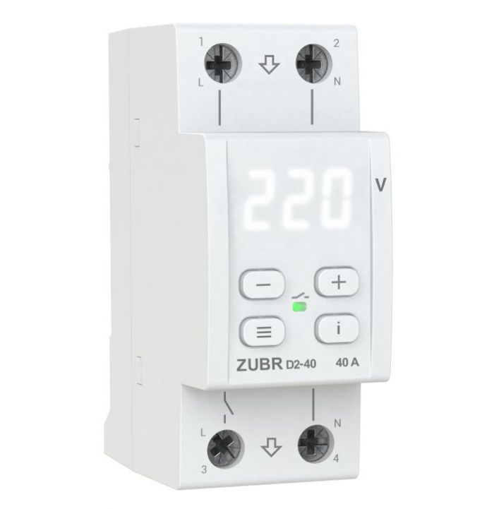 
					Захисне реле напруги однофазне D2-40 на DIN-рейку, 40А, 8800ВА, 120-280В, двомодульне з індикатором напруги (Білий)