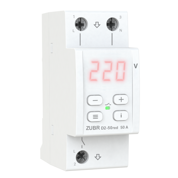 
					Захисне реле напруги однофазне D2-50 на DIN-рейку, 50А, 11000ВА, 120-280В, двомодульне з індикатором напруги (Червоний)