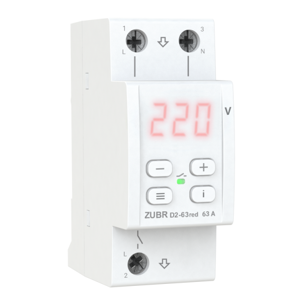 
					Захисне реле напруги однофазне D2-63 на DIN-рейку, 63А, 13900ВА, 120-280В, двомодульне з індикатором напруги (Червоний)