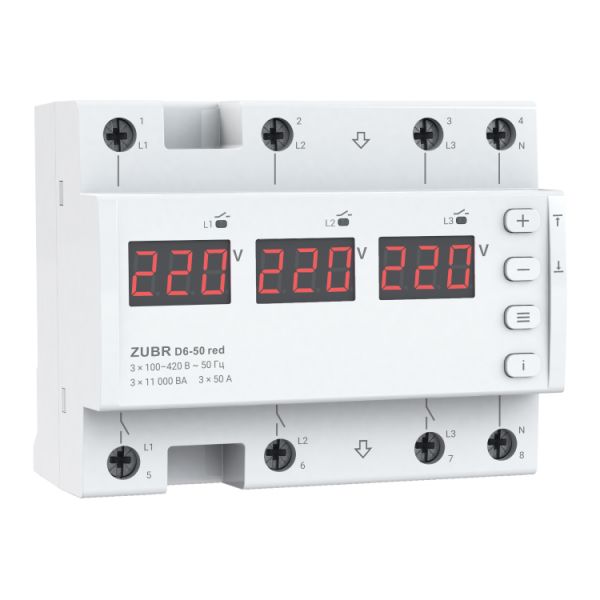 
					Двухрежимное реле напруги однофазное/трехфазное D6-50 на DIN-рейку, 3*50А, 3*11000ВА, 120-280В, шестимодульне з індикатором напруги (Червоний)