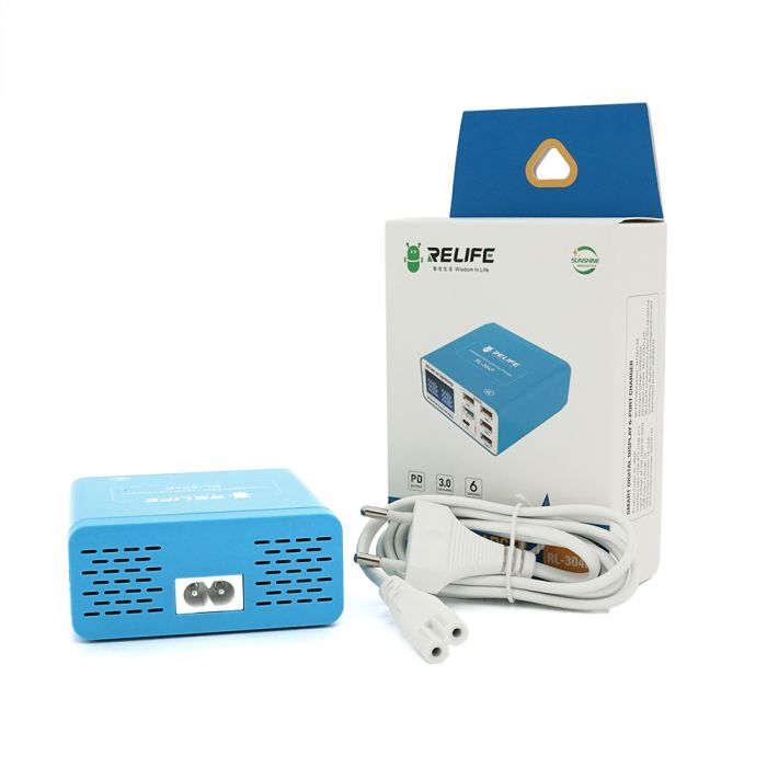 
					Зарядний пристрій RELIFE RL-304P, 6 USB+ Type-C, бездротова зарядка, Fast Charger, 5A, 40W, індикатор струму заряду, Box