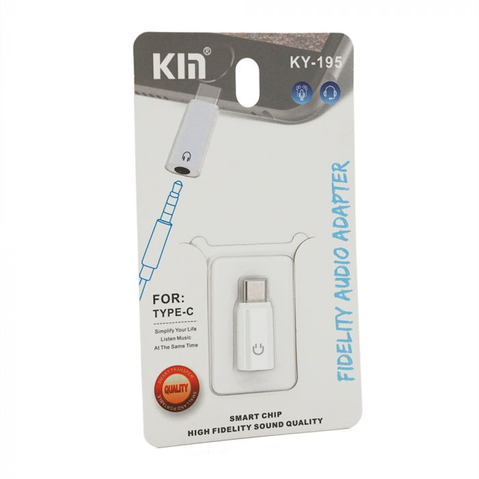 
					Перехідник KIN KY-195 Type-C(M) => Jack 3.5mm(F), White, OEM
