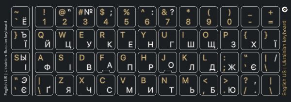 Наклейки для клавіатури (непрозорі:UA,RU)  чорні, кирилиця