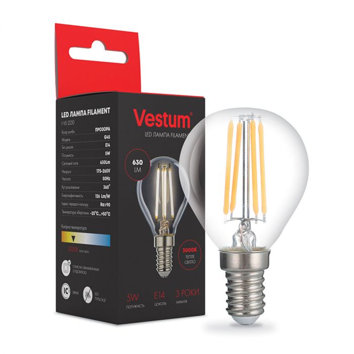 Лампа LED Vestum филамент G45 Е14 5Вт 220V 3000К