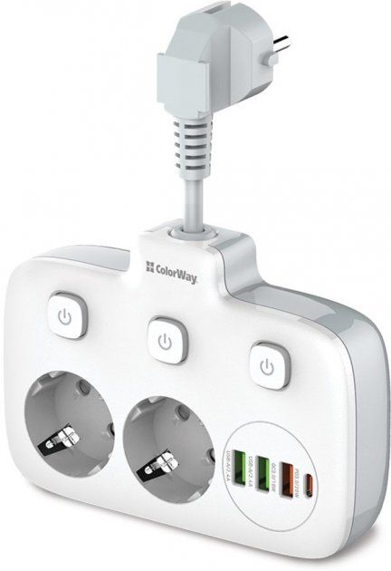 Мережевий фільтр 1.8м СolorWay CW-CHE24PDW 2розетки, 3*USB, 1*USB-C порти білий
