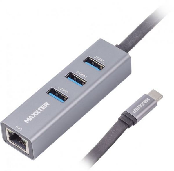 Адаптер Maxxter NECH-3P-02 з Type-C на Gigabit Ethernet NECH-3P-02, 3 Ports USB 3.0 1000 Mbps, метал, темно-сірий
