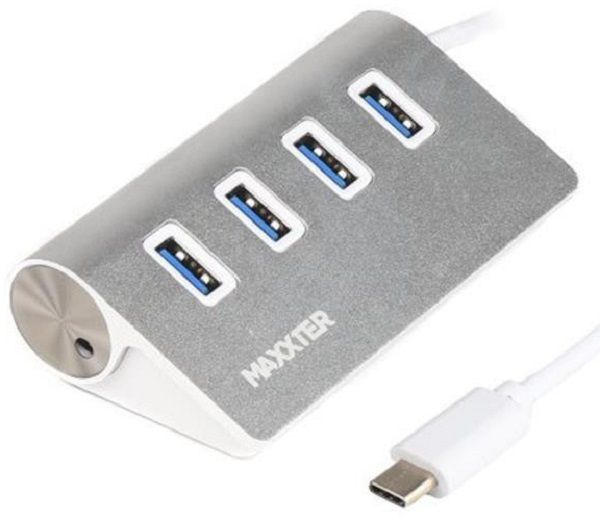 Адаптер Пристрій USB Hub Maxxter HU3С-4P-01 Type-С  на 4 порти USB 3.0, сріблястий