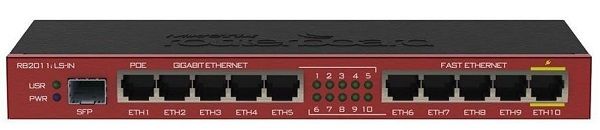 Маршрутизатор MikroTik RB2011iLS-IN (1xSFP cage, 5xGLAN, 5xLAN, PoE in/1*out, CPU 600Mhz, 64MB RAM, RouterOS L5)