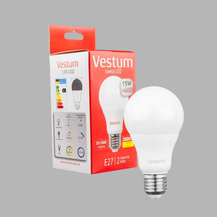 Лампа LED Vestum A65 15W 3000K 220V E27