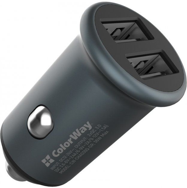 Автомобільний зарядний пристрій ColorWay 2USB Quick Charge 3.0 (36W) сіре (CW-CHA036Q-GR)