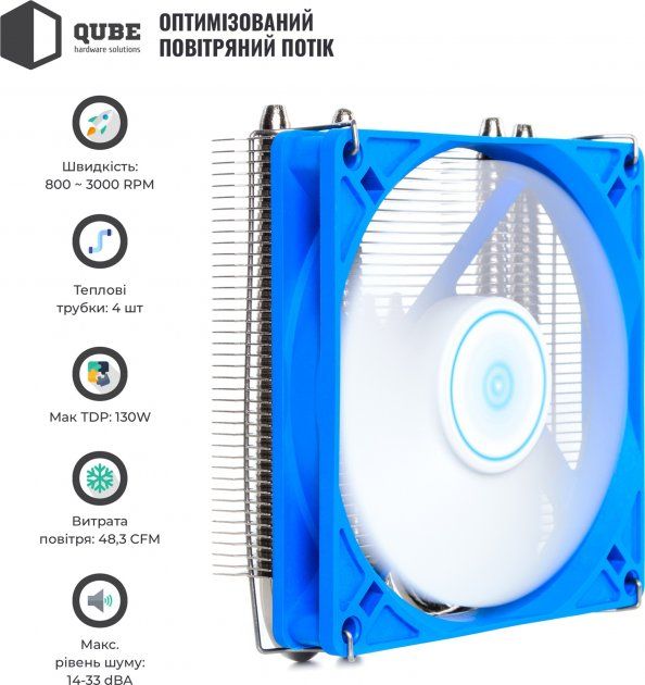 Кулер процесорний Qube QB-OL400 Blue (92mm/4pin/800-3000RPM/33Dba/4 тепл. трубки)